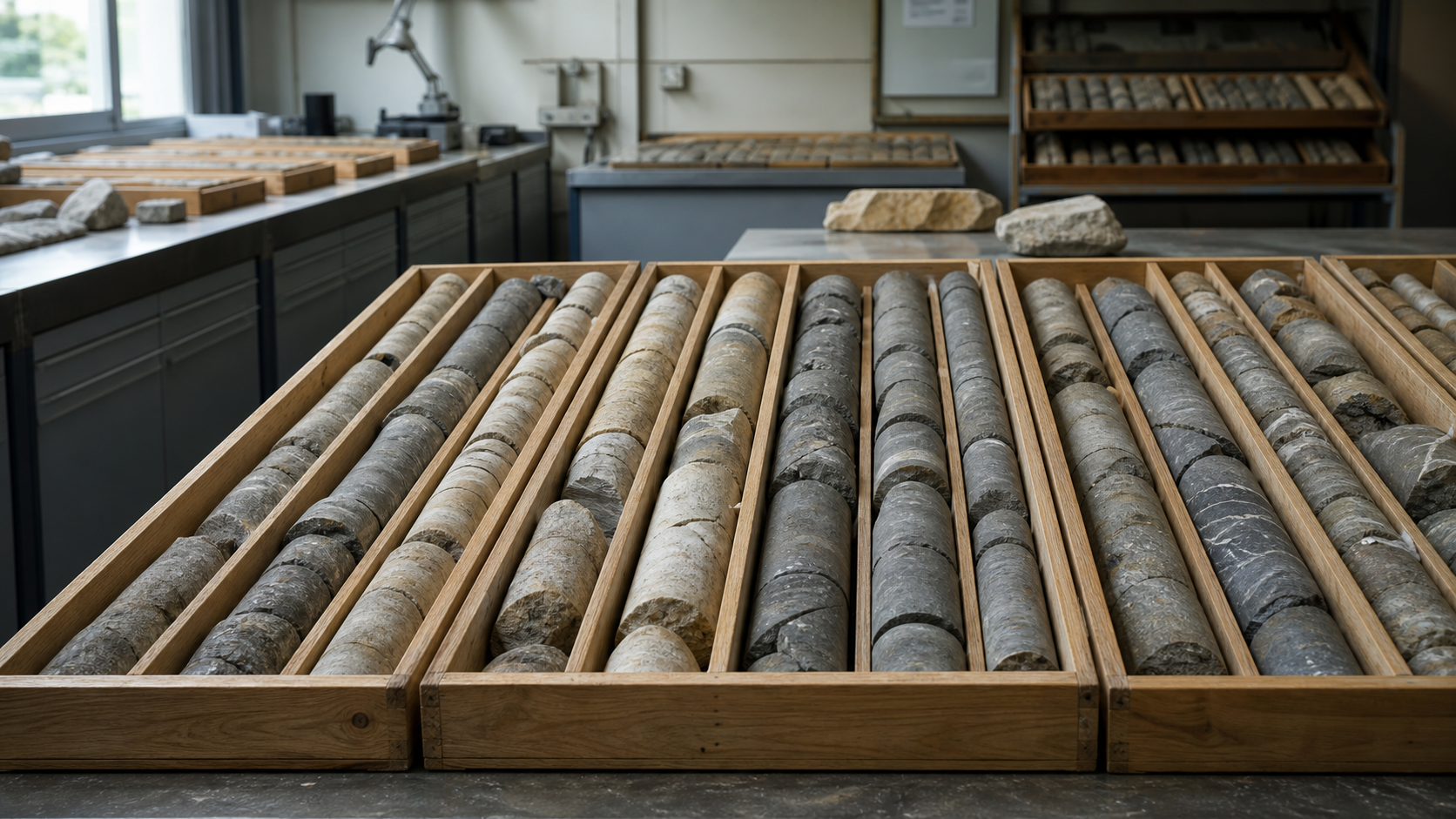 Rdzenie wiertnicze w laboratorium geologicznym